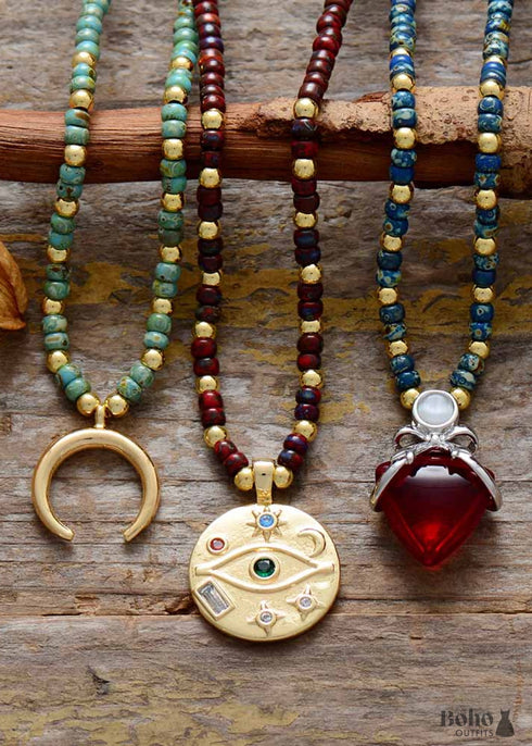 Boho Necklace, Seed Beads Gold Horn Evil Eye Heart Pendant